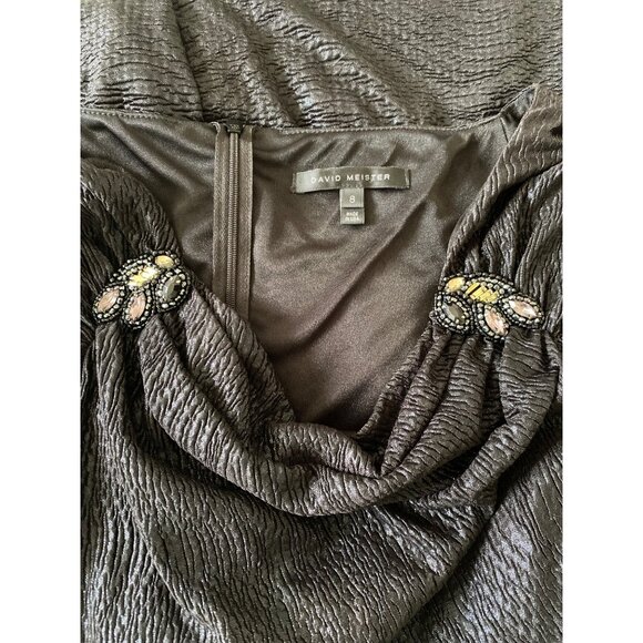 David Meister Black Textured Long-Sleeve Ruched Dress W/ Beaded Shoulders Size 8 - Picture 8 of 8